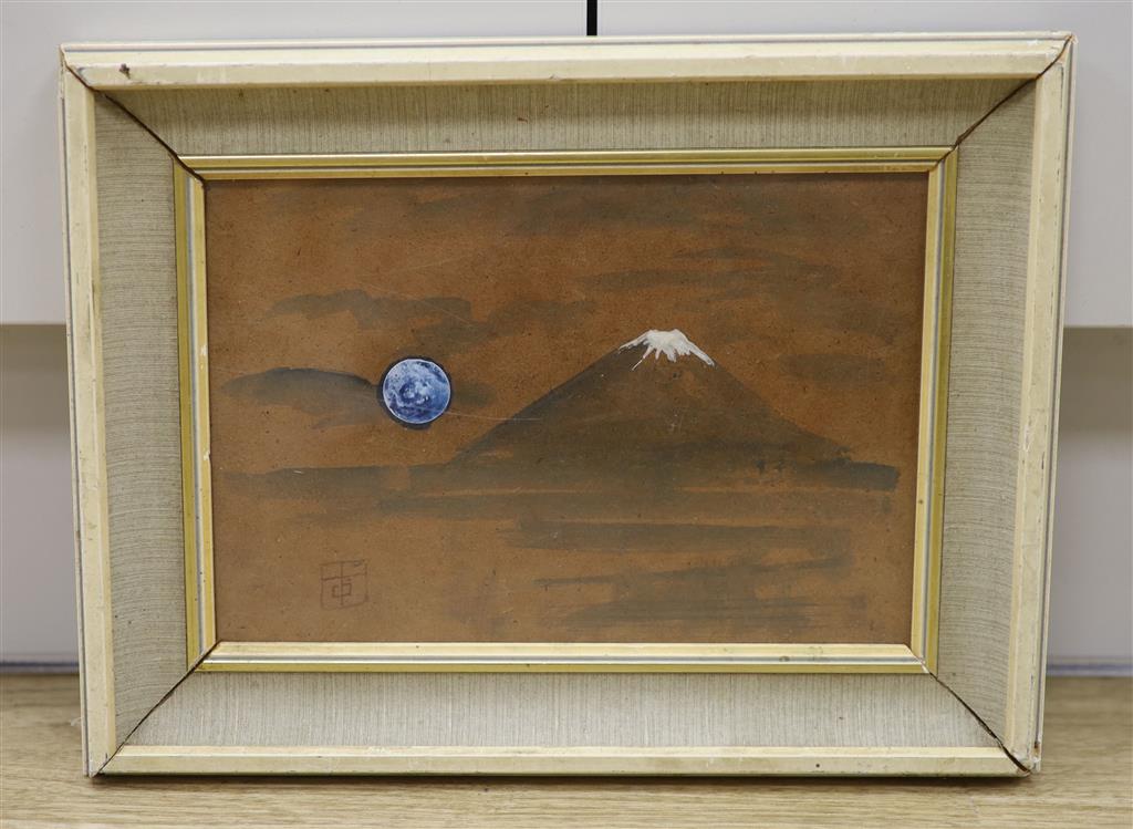 20th century Japanese School, gouache and watercolour, Moon and Mount Fuji, monogrammed, 16 x 24cm